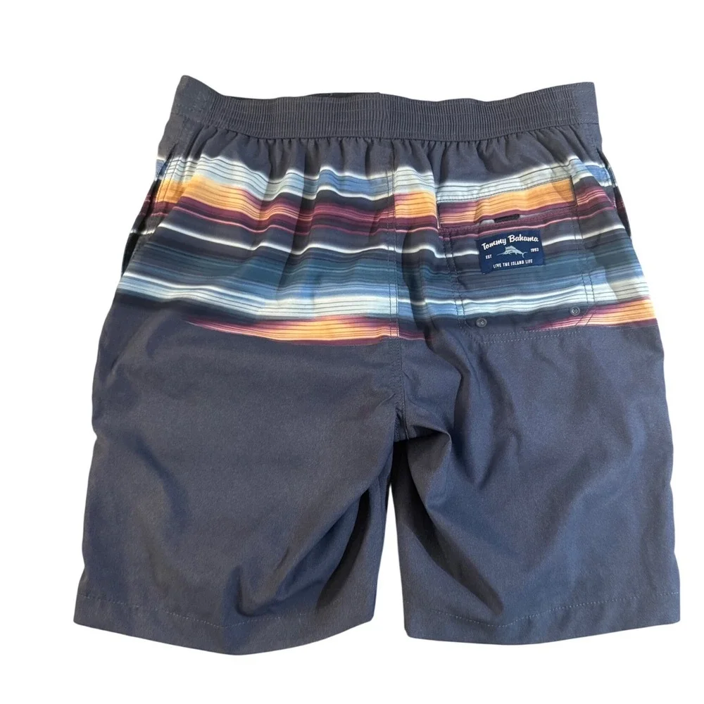 Tommy Bahama Mens Navy Blue Sunset Stripe‎ Swim Trunks Board Shorts Size Medium